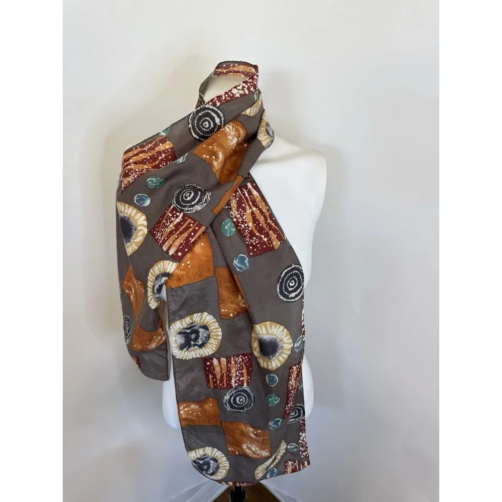 Vintage Silky Scarf Rectangular Brown Orange Teal Abstract 58